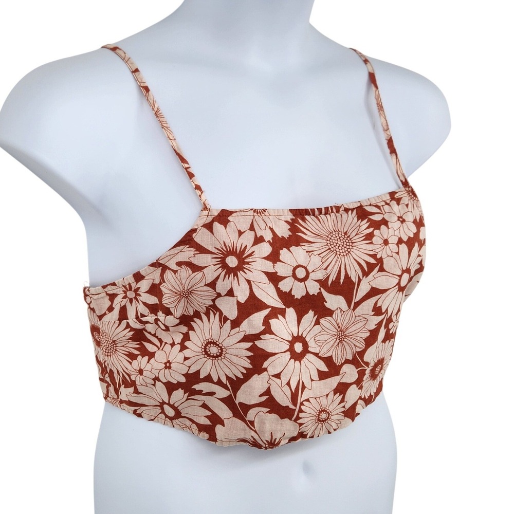 American Eagle Floral Crop‎ Top Terracotta Orange Cream Smocked Back Large L